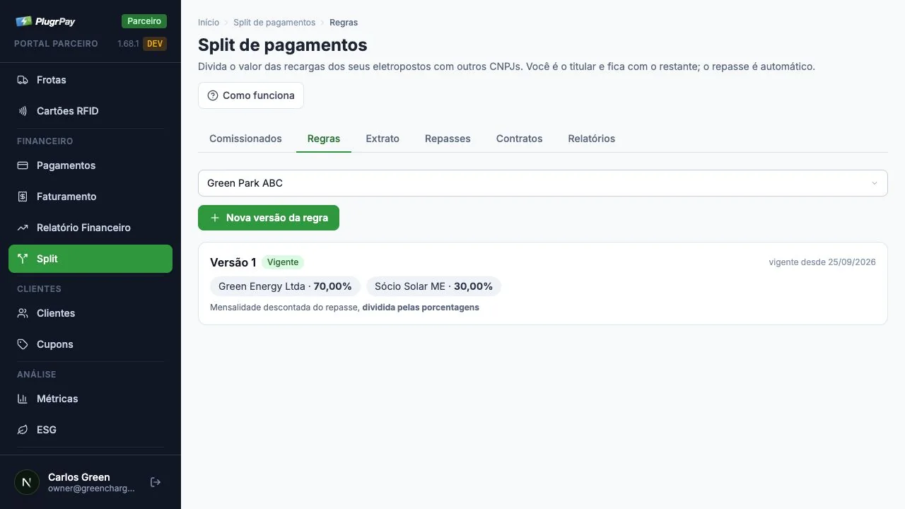 Regra de split no painel PlugrPay