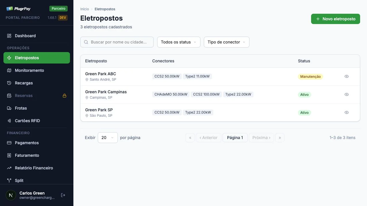 Lista de eletropostos com conectores e status